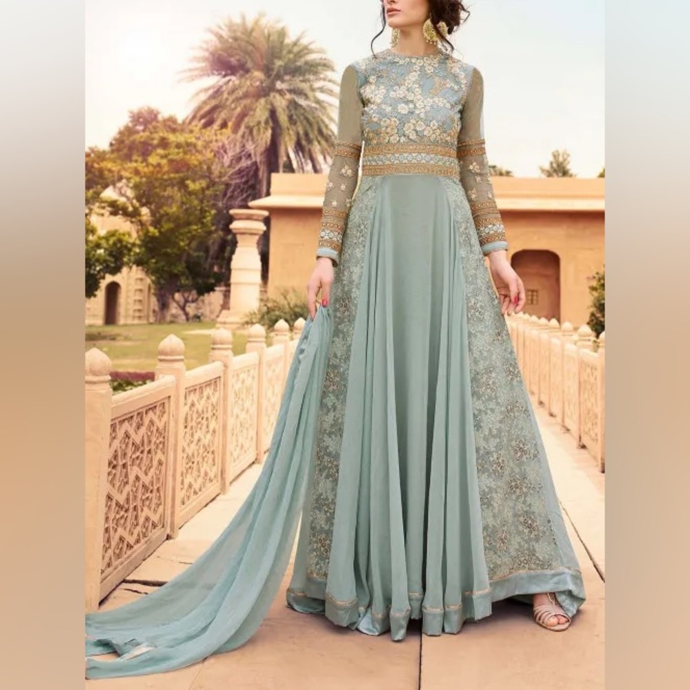 Elegant Light Blue & Gold Embroidered Anarkali Dress with Dupatta